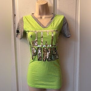 PINK Victoria’s Secret green sequin logo tee shirt XS